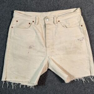 Buck Mason Cream Denim Shorts Distressed Casual Summer Sz‎ 32 Distressed Cut Off